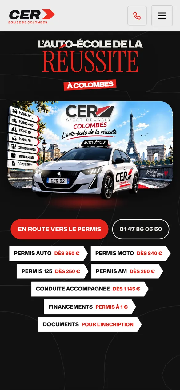 Page d’accueil du site auto-ecole-colombes.fr sur mobile